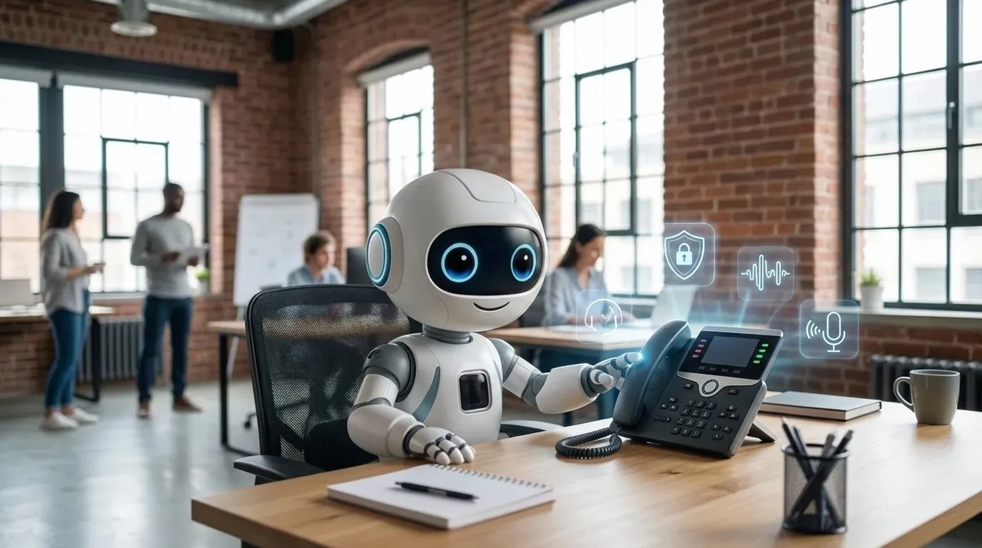 Ein modernes Bürgerbüro mit einem Telefon und Symbolen für Datenschutz, DSGVO und digitale KI-Telefonassistenz in der Kommunalverwaltung.