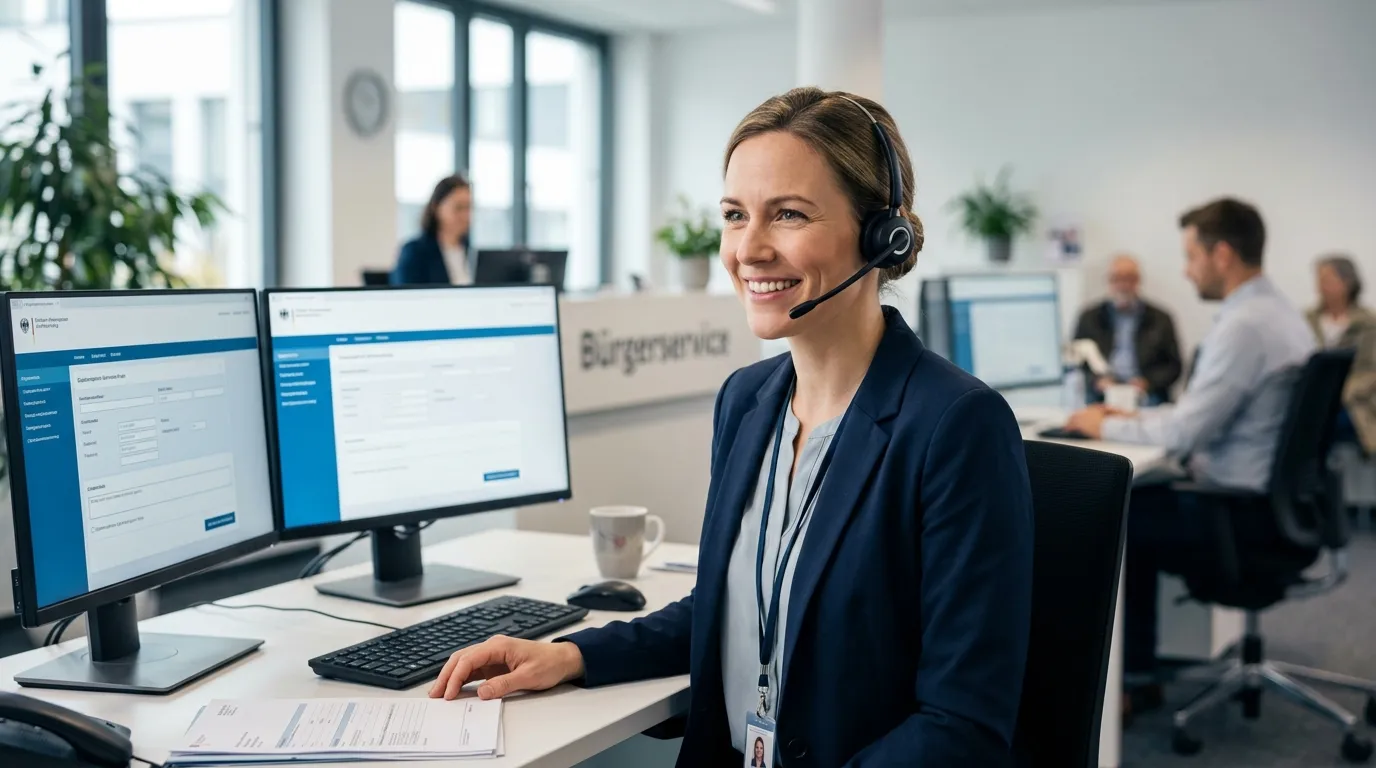 Eine freundliche Verwaltungsmitarbeiterin im Bürgeramt im Gespräch am Telefon, Symbolbild für mehrsprachigen digitalen Bürgerservice