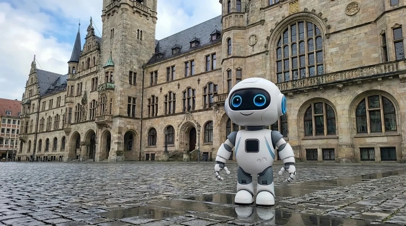 Charly steht auf dem gepflasterten Platz vor einem historischen Rathaus.
