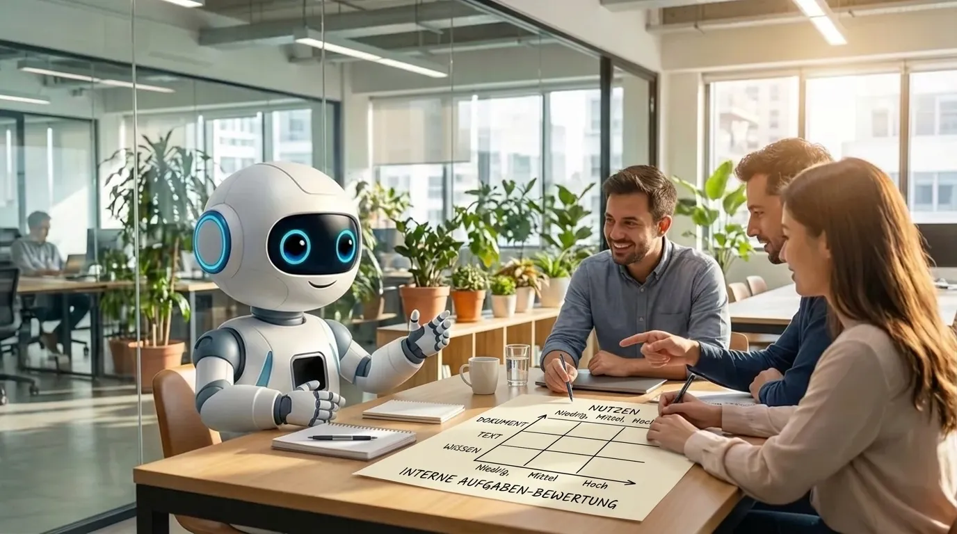 Digitalisierungsbeauftragte einer Kommunalverwaltung bewerten interne Dokument-, Text- und Wissensaufgaben in einer einfachen Priorisierungsmatrix auf einem Besprechungstisch