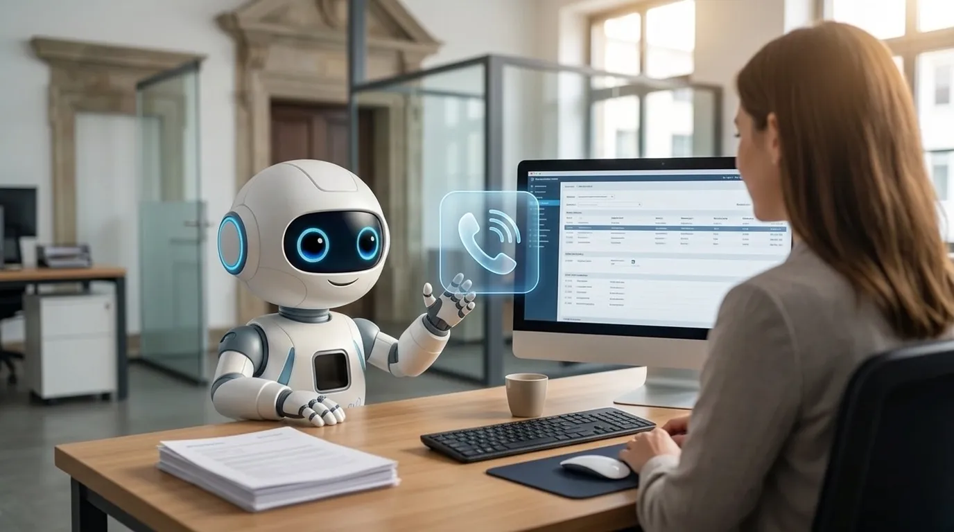 Eine Verwaltungsmitarbeiterin am Schreibtisch einer deutschen Kommunalverwaltung arbeitet konzentriert am PC, während ein digitales KI-Symbol sichere Telefonkommunikation und Entlastung symbolisiert.