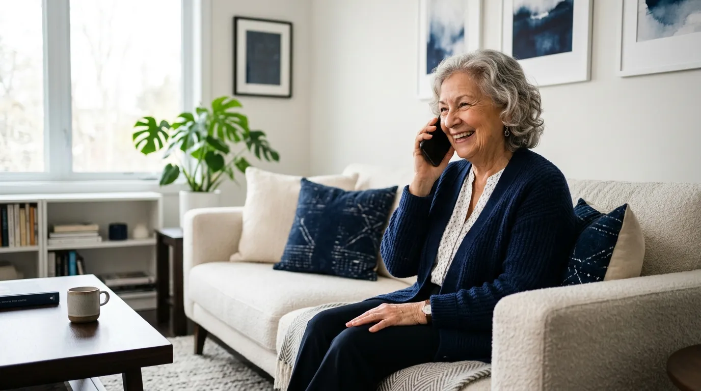 Eine ältere Bürgerin telefoniert freundlich und entspannt von zu Hause aus mit dem Bürgerservice ihrer Kommune.