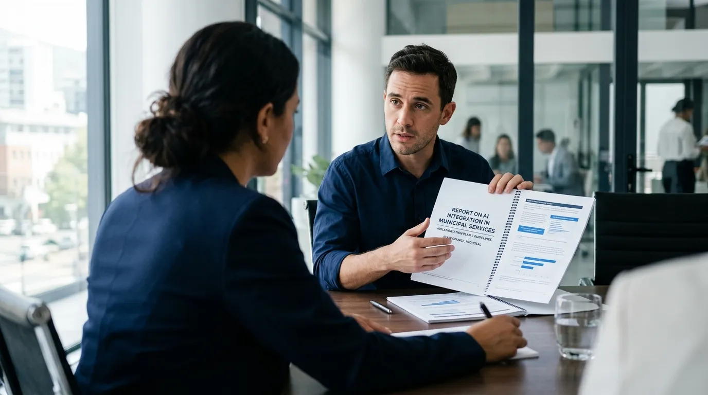 Personalratsmitglieder und Verwaltungsleitung im Gespräch über eine Dienstvereinbarung zur rechtssicheren Einführung von KI-Systemen im Bürgerservice.